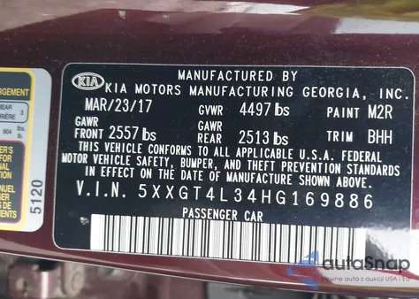 2017 Kia Optima Lx из США, поврежденный, VIN 5XXGT4L34HG169886